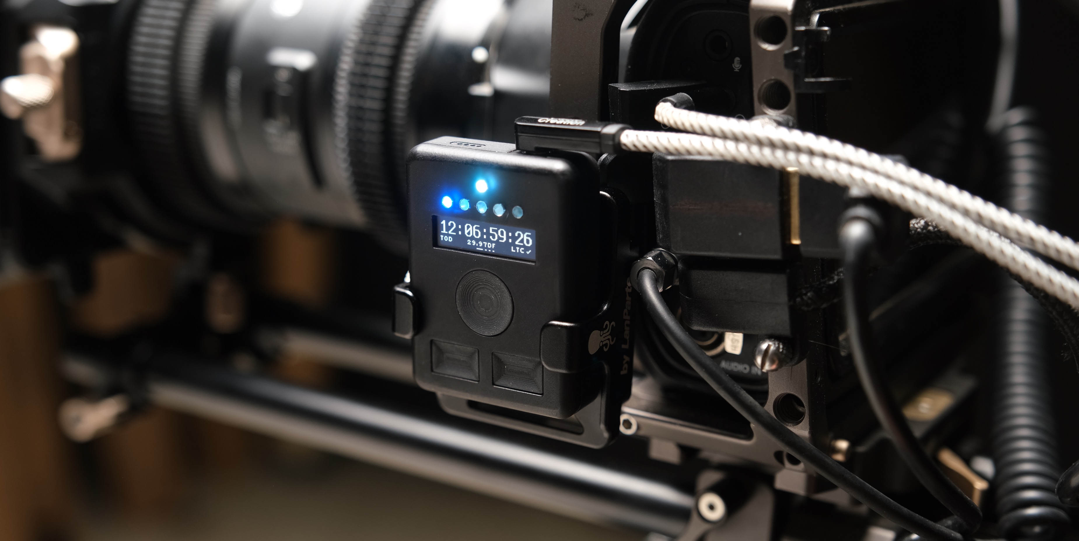 Marker Maker RX on a camera rig displaying timecode 12:06:59:26